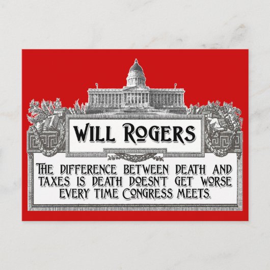 Will Rogers Citaat over Dood en Belastingen Briefkaart (Voorkant)