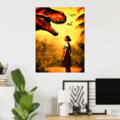 Will the T-Rex Get the Girl in the Forest on Wall Poster (Thuiskantoor)