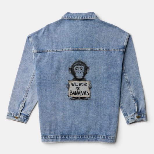 Will Work for Bananas - Humorous Monkey Sketch Denim Jacket (Achterkant)