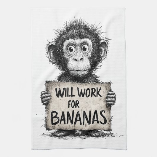 Will Work for Bananas - Humorous Monkey Sketch Theedoek (Verticaal)