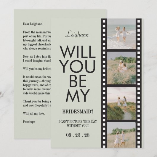 Will You Be My Bridesmaid Photo Green Reel Kaart (Voorkant / Achterkant)