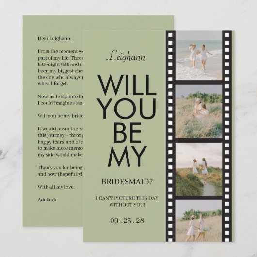 Will You Be My Bridesmaid Photo Green Reel Kaart (Voorkant / Achterkant)