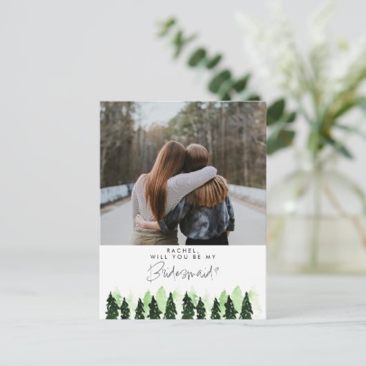 Will you be my Bridesmaid Rustic Pine Tree Winter Briefkaart (Staand voorkant)