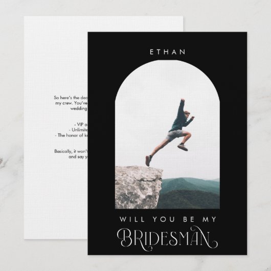 Will you be my Bridesman Minimal Photo Black Arch Kaart (Voorkant / Achterkant)