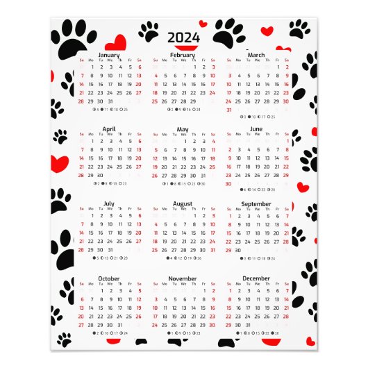 Willekeurige Hond Paw Prints En Rode Harten 2024 K Foto Afdruk (Voorkant)