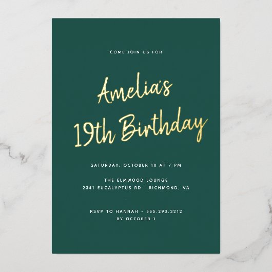 Willekeurige leeftijd | Donkere Emerald Green en G Folie Uitnodiging (Voorkant)