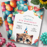 Willekeurige leeftijd | Kitty Kat Regenboog Ballon Kaart<br><div class="desc">Leuke en kleurrijke uitnodigingen voor verjaardagsfeestjes met een klein kat met een pet met een feestje omgeven door regenboogballonnen. Leuke uitnodigingen die kunnen worden gewijzigd naar elke leeftijd.</div>