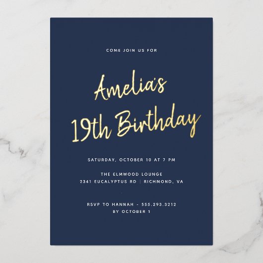Willekeurige leeftijd | Navy Blauw en Goud Script Folie Uitnodiging (Voorkant)
