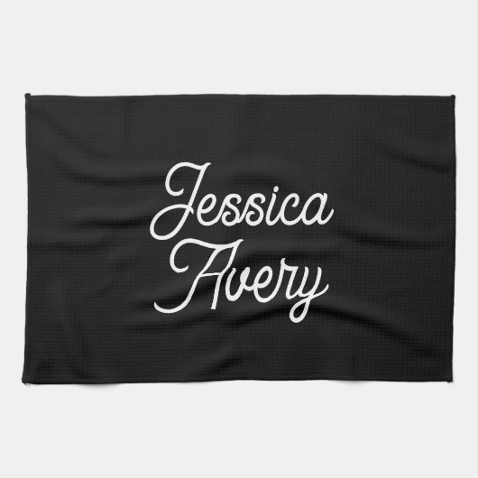 Willekeurige naam | Elegant  wit script op zwart Theedoek (Horizontaal)