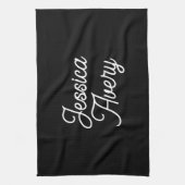 Willekeurige naam | Elegant  wit script op zwart Theedoek (Verticaal)