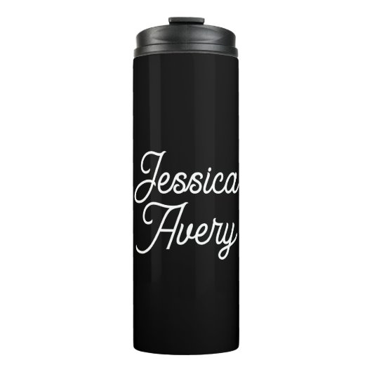 Willekeurige naam | Elegant wit script op zwart Thermosbeker (Voorkant)