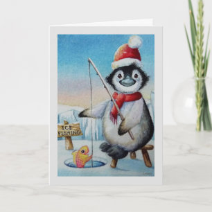 Willekeurige Pinguïn Ijsvissen Aquarel Kunst Kaart