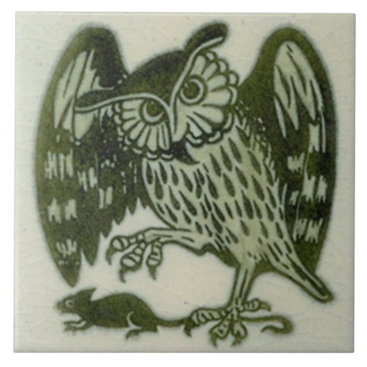 William De Morgan 1800s Repro Green Owl & Rat Tegeltje (Voorkant)