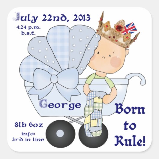 William & Kate's Little Prince George/Birth Info Vierkante Sticker (Voorkant)