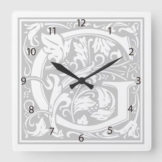 William Morris Alphabet "G" Square Wall Clock Vierkante Klok (Voorkant)