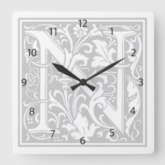 William Morris Alphabet "N" Square Wall Clock Vierkante Klok