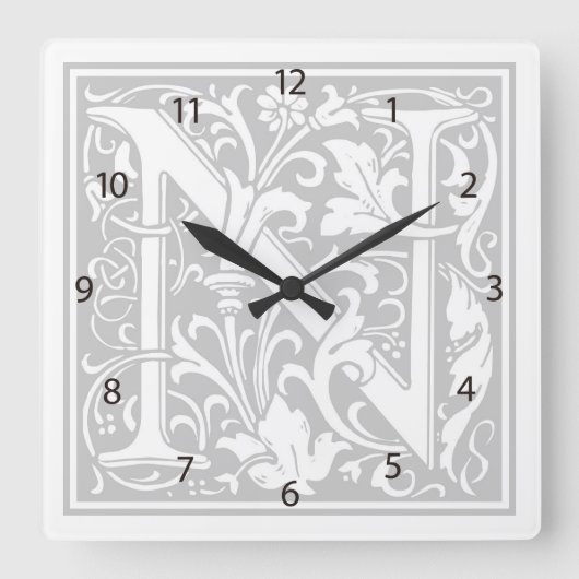 William Morris Alphabet "N" Square Wall Clock Vierkante Klok (Voorkant)