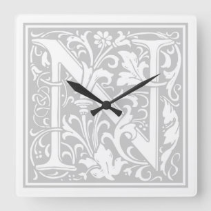 William Morris Alphabet "N" Square Wall Clock Vierkante Klok