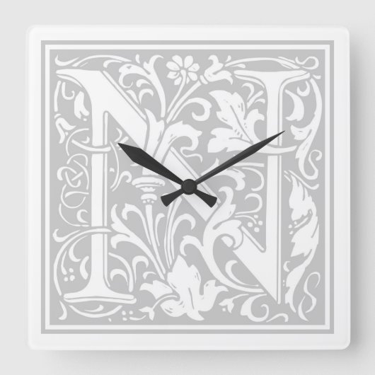 William Morris Alphabet "N" Square Wall Clock Vierkante Klok (Voorkant)