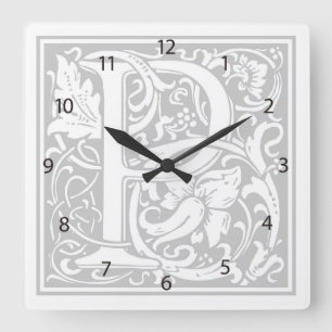 William Morris Alphabet "P" Square Wall Clock Vierkante Klok