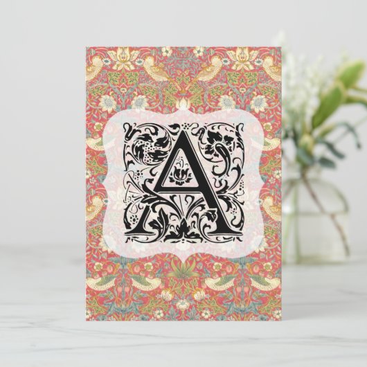 William Morris Alphabet Strawberry Thief Crimson Bedankkaart (Staand voorkant)