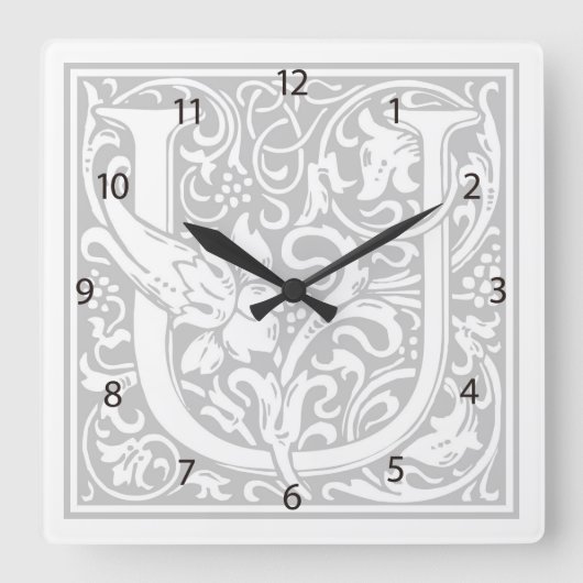 William Morris Alphabet "U" Square Wall Clock Vierkante Klok (Voorkant)