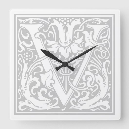 William Morris Alphabet "V" Square Wall Clock Vierkante Klok (Voorkant)