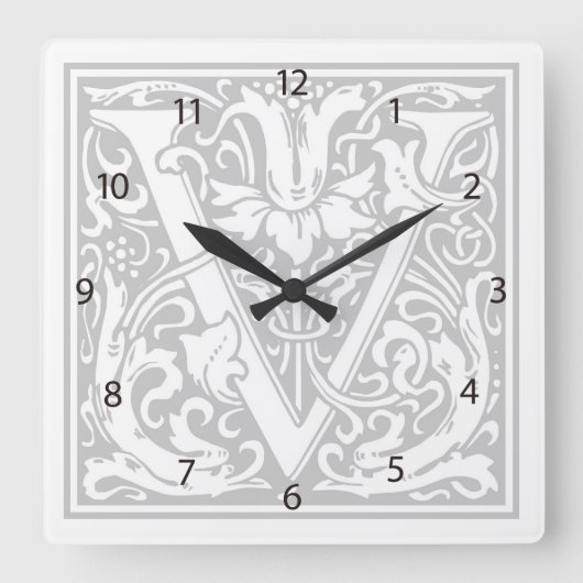 William Morris Alphabet "V" Square Wall Clock Vierkante Klok (Voorkant)