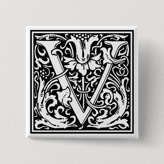 William Morris Alphabet "V" Vierkante Button 5,1 Cm (Voorkant)