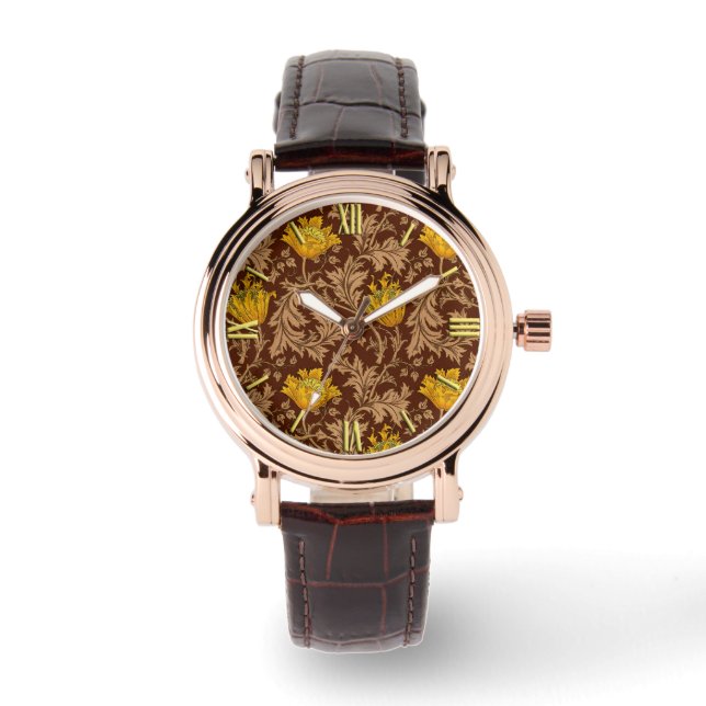 William Morris Anemone, Brown en Mustard Gold Horloge (Voorkant)