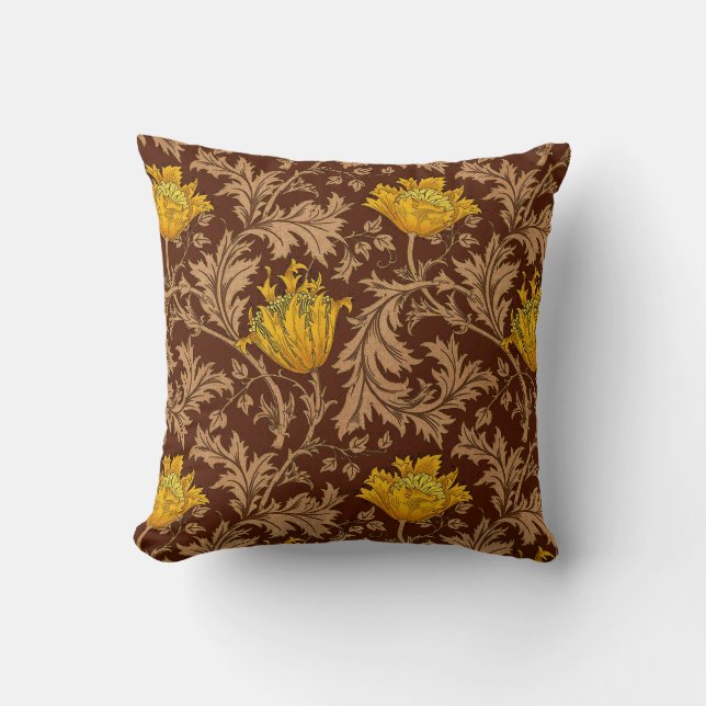 William Morris Anemone, Brown en Mustard Gold Kussen (Voorkant)