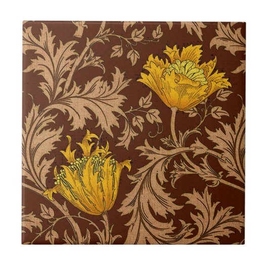 William Morris Anemone, Brown en Mustard Gold Tegeltje (Voorkant)