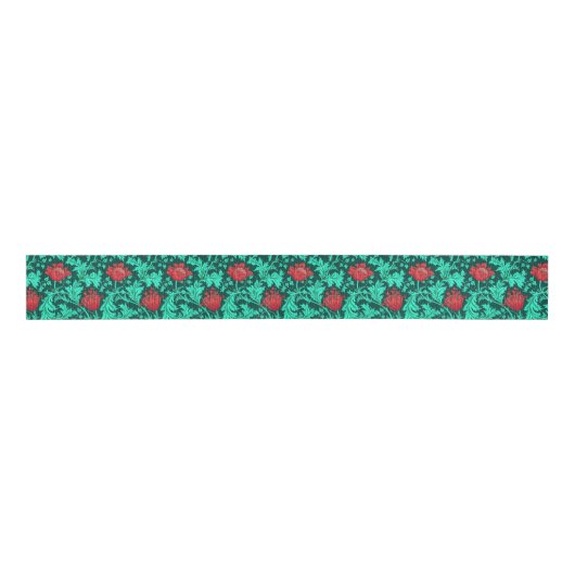 William Morris Anemone, Deep Red en Turquoise Grosgrain Lint (Voorkant)