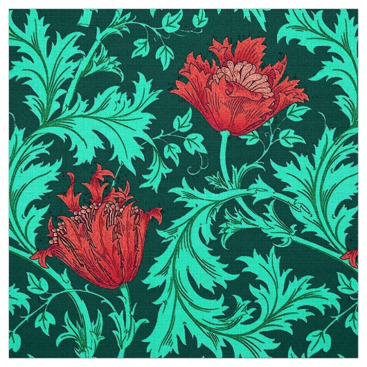 William Morris Anemone, Deep Red en Turquoise Stof (Swatch)