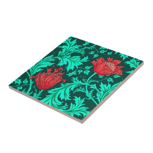 William Morris Anemone, Deep Red en Turquoise Tegeltje (Zijkant)