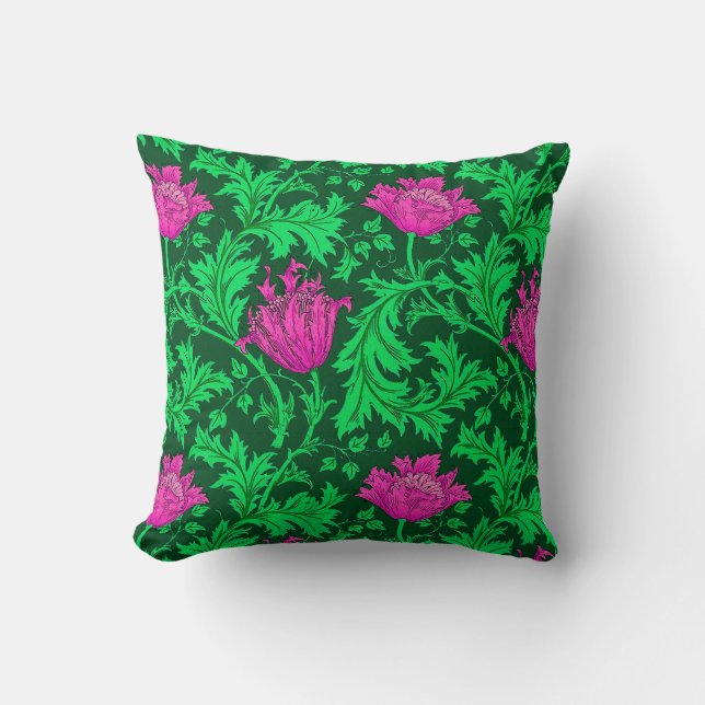William Morris Anemone, Emerald Green en Fuchsia Kussen (Voorkant)