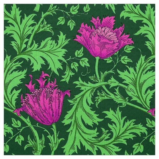 William Morris Anemone, Emerald Green en Fuchsia Stof (Swatch)