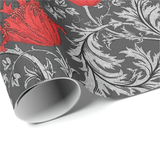 William Morris Anemone, Grey/Grey en Red Cadeaupapier (Rol Hoek)
