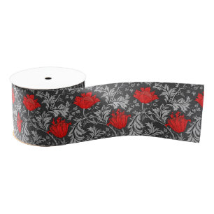 William Morris Anemone, Grey/Grey en Red Grosgrain Lint