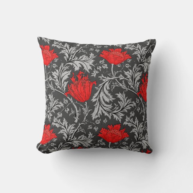 William Morris Anemone, Grey/Grey en Red Kussen (Voorkant)