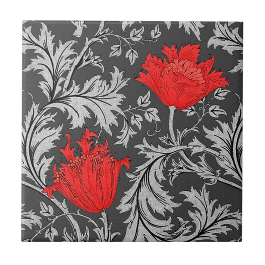 William Morris Anemone, Grey/Grey en Red Tegeltje (Voorkant)