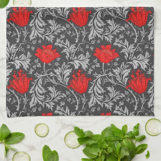 William Morris Anemone, Grey/Grey en Red Theedoek (Gevouwen)
