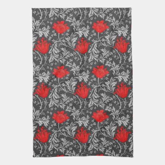 William Morris Anemone, Grey/Grey en Red Theedoek (Verticaal)