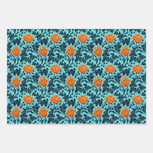 William Morris Anemone, groen, bruin en blauw Inpakpapier Vel (Voorkant 3)