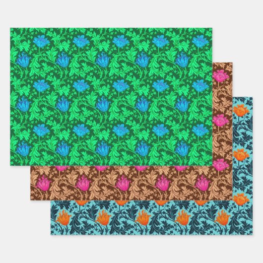 William Morris Anemone, groen, bruin en blauw Inpakpapier Vel (Set)