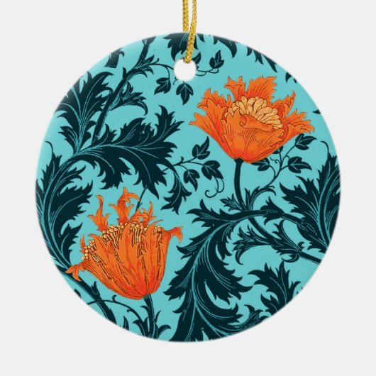William Morris Anemone, Indigo Blue en Coral Keramisch Ornament (Voorkant)