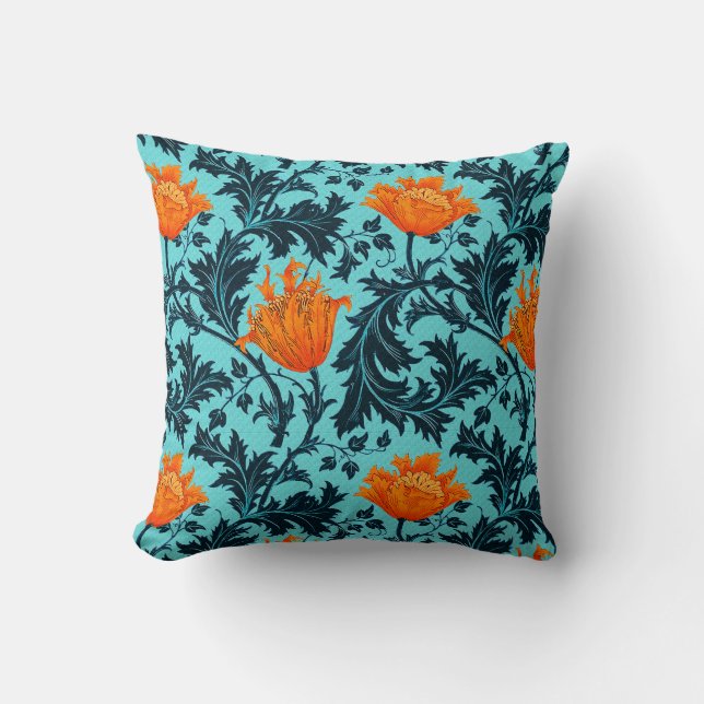 William Morris Anemone, Indigo Blue en Coral Kussen (Voorkant)