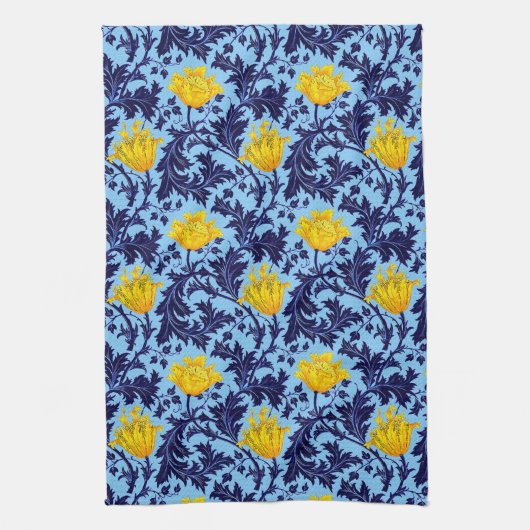 William Morris Anemone, Navy, Sky Blue en Yellow Theedoek (Verticaal)