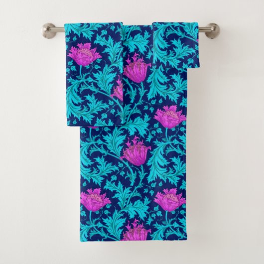William Morris Anemone, Navy, Turquoise en Magenta Bad Handdoek (Insitu)