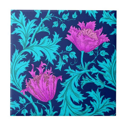 William Morris Anemone, Navy, Turquoise en Magenta Tegeltje (Voorkant)